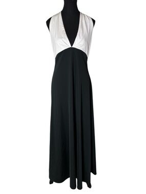 MAJESTIC Vintage Black White Maxi Dress Gown Plunging V Neckline Sz Medium Large